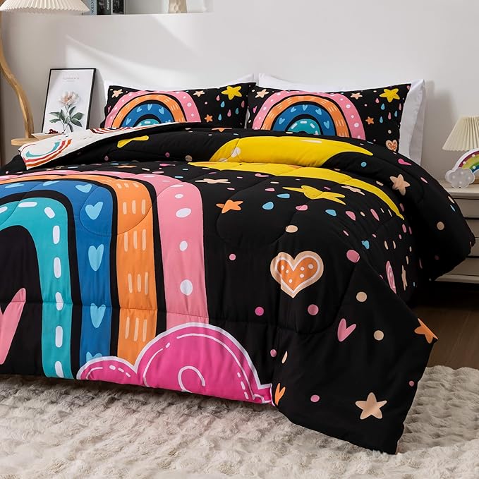 Btargot Lightweight Soft 3 Piece Rainbow Comforter Set with 2 Pillow Covers, Cartoon Love Hearts Flowers and Sun Moon Star Bedding Set for Girls Boys Kids, Queen Black