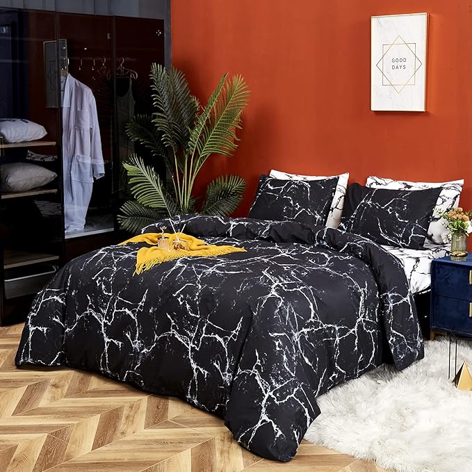 CLOTHKNOW Black White Queen Comforter Set Marble Bedding Comforter Sets Black White Abstract Comforter Queen Men Women Queen Size Comforter Sets