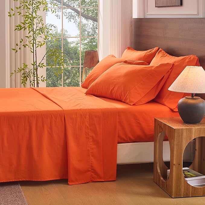 Bedlifes 100% French Linen Sheets King Size 18-24" Extra Deep Pocket 4-Piece Set Breathable & Moisture-Wicking,Soft & Durable Sheets for Thick Mattresses(Orange)