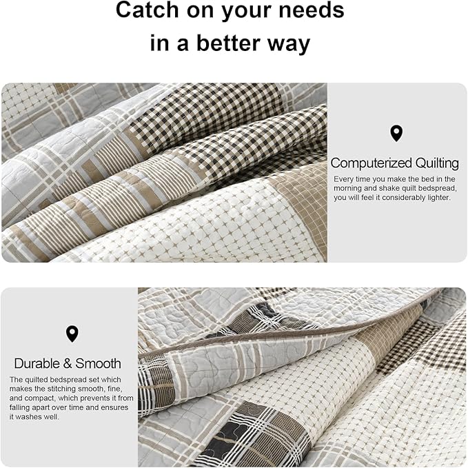 PANGUSHAN 100% Cotton Quilt Set Queen Size, Queen Size Farmhouse Plaid Patchwork Reversible Rustic Quilt Bedding Set Quilted Bedspread Lightweight Comforter for Queen Bed, 3pcs, Gray/Cream/Beige