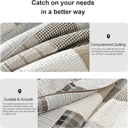 PANGUSHAN 100% Cotton Quilt Set Queen Size, Queen Size Farmhouse Plaid Patchwork Reversible Rustic Quilt Bedding Set Quilted Bedspread Lightweight Comforter for Queen Bed, 3pcs, Gray/Cream/Beige