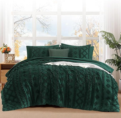 WRENSONGE Full Size Comforter Set with Sheets - 7 Pieces Emerald Green Tufted Bed in a Bag Full Shabby Chic Bedding Sets with 1 Comforter, 2 Sheets, 2 Pillowcases & 2 Shams