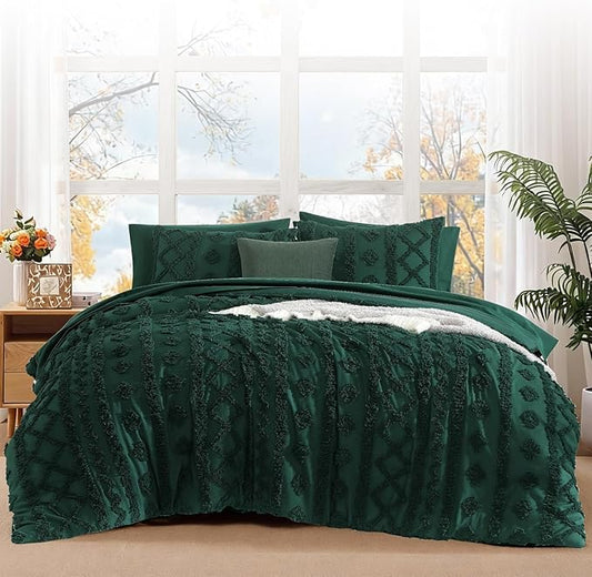 WRENSONGE Queen Size Comforter Set with Sheets - 7 Pieces Emerald Green Tufted Bed in a Bag Queen Shabby Chic Bedding Sets with 1 Comforter, 2 Sheets, 2 Pillowcases & 2 Shams