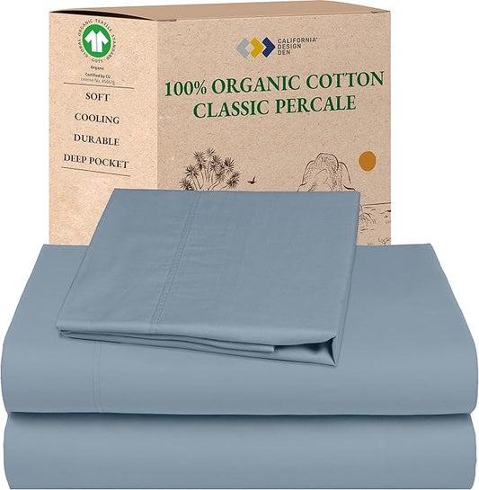 California Design Den Twin XL Bed Sheets Set - Soft 100% Organic Sheets with Deep Pockets, Crisp Percale, Breathable and Durable Bedding Set - Blue Hydrangea