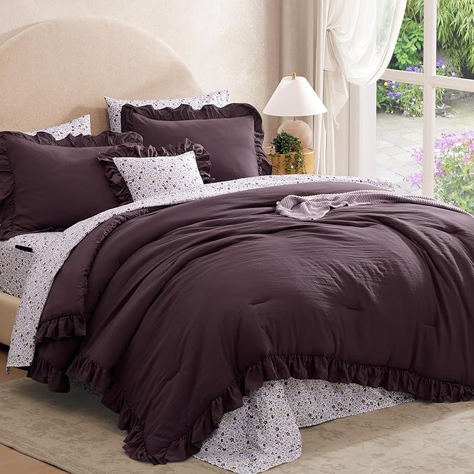 California King Comforter Set - 7 Pieces Ruffle Dark Purple Bedding Sets, Shabby Chic Farmhouse Bed in a Bag with Ruffle Comforter, Floral Sheets, Pillowcases & Shams