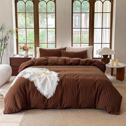 Striped Duvet Cover Set 100% Washed Cotton Linen Like Soft Feelling Breathable Bedding(Burnt Orange/Black Strip,King)