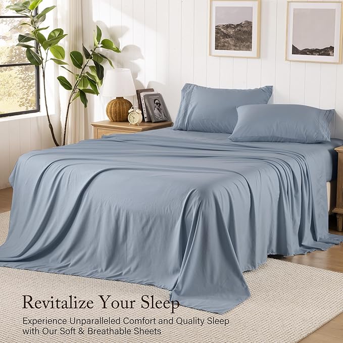 Blue Grey King Size Sheet Set, Pre-washed Microfiber Cotton-Like 4 Pcs Ultra Soft Bedding Set King, Breathable Cooling Skin-Friendly All Seasons, 1 Fitted, 1 Flat, 2 Pillowcases (Blue Grey, King)