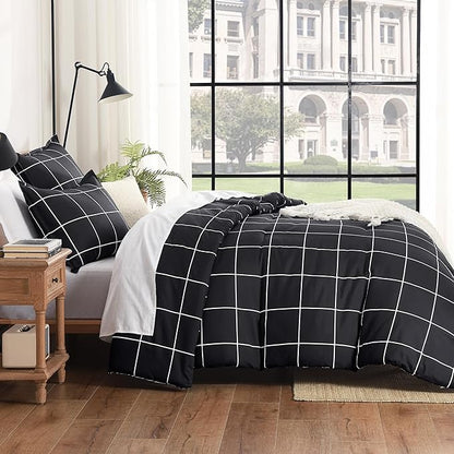 Andency Black Grid Comforter Set Queen(90x90Inch), 3 Pieces (1 Plaid Comforter and 2 Pillowcases) Black Plaid Comforter Set, Lightweight Polyester Gingham Geometric Comforter Bedding Set