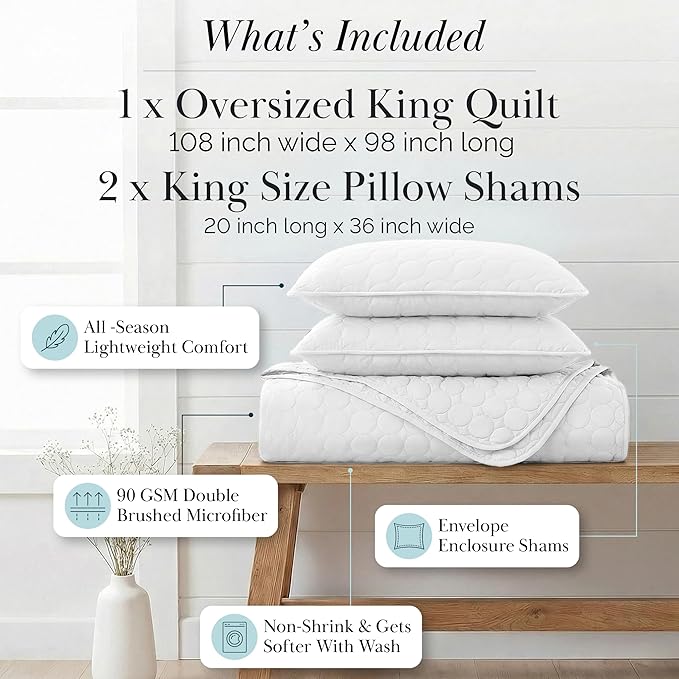 Southshore Fine Living, Inc. King Size White Quilt Bedding Set with 2 Pillow Shams, Quilted Summer Comforter, King Size, Light Weight Bedspread, California/King Quilt Coverlet, Bright White