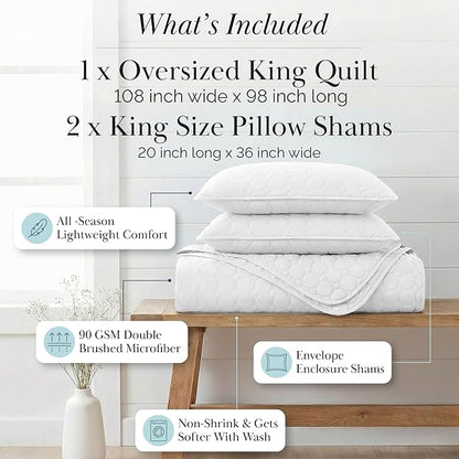 Southshore Fine Living, Inc. King Size White Quilt Bedding Set with 2 Pillow Shams, Quilted Summer Comforter, King Size, Light Weight Bedspread, California/King Quilt Coverlet, Bright White