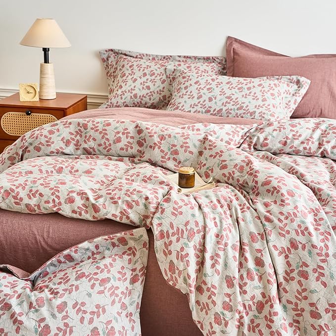 mixinni 100% Washed Cotton Duvet Cover Set, Reversible Vintage Floral Jacquard Textured Comforter Cover, Boho Farmhouse Bedding Set with Zipper Closure for All Season, Queen Size