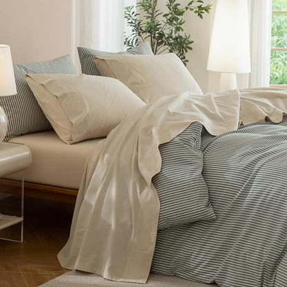 JIYUAN Full Size Sheet Set, 4-Piece - 100% Washed Cotton, Linen-Like Soft & Breathable, Includes Deep Pocket Fitted & Flat Sheet with 2 Pillowcases, Hotel Quality, Heathered Beige
