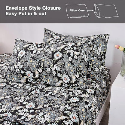 JSD Black Paisley Floral Printed Sheet Set King Size, 4 Piece Soft Pattern Microfiber Sheets Extra Deep Pocket