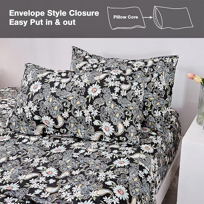 JSD Black Paisley Floral Printed Sheet Set Cal King, 4 Piece Soft Pattern Microfiber Sheets Extra Deep Pocket