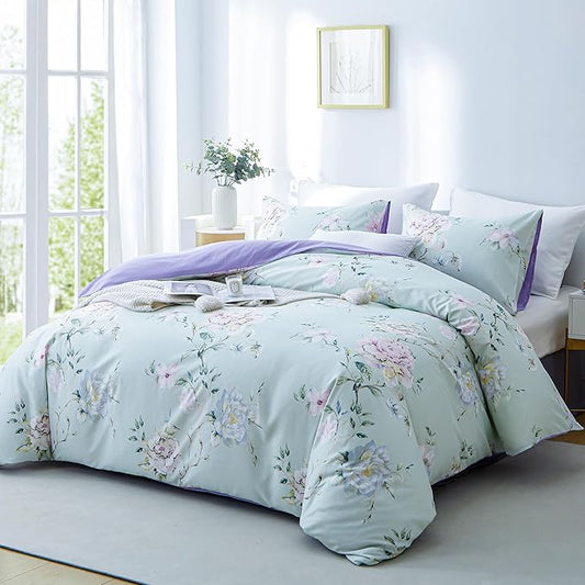 BOLINLIVING Floral King Comforter Set 3 Pieces, Soft Breathable Bed in a Bag King Size, Green and Purple Floral Bedding Set for All Season, 1 Comforter & 2 Pillowcases