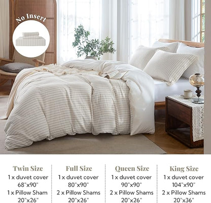 MILDLY Linen Grey Striped Duvet Cover - 100% Washed Cotton Jacquard Boho Textured Comforter Cover 3pcs with Corner Ties Zipper Closure 90"x90"