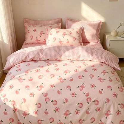 Pink Peach Comforter Set Queen Size, Cute Fruit Soft Microfiber Bedding Set with Pink Plaid Backn, 3Pieces All Season Lightweight Summer Comforter Set for Girls