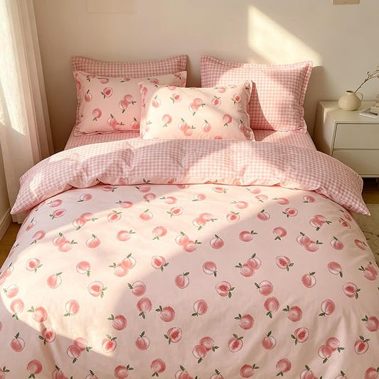 Pink Peach Comforter Set Queen Size, Cute Fruit Soft Microfiber Bedding Set with Pink Plaid Backn, 3Pieces All Season Lightweight Summer Comforter Set for Girls
