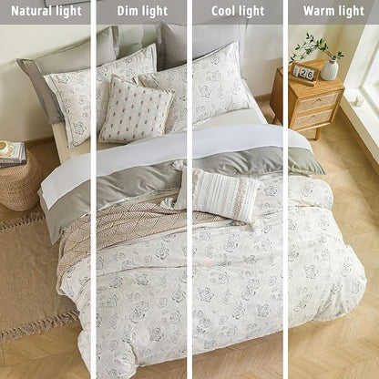 Vintage Botanical Cotton Comforter King Size 3PC - Elegant Floral Sketch on Ivory White with Tan Herringbone Reverse – Reversible Lightweight Comforter Set with Soft Fill(104"×90")