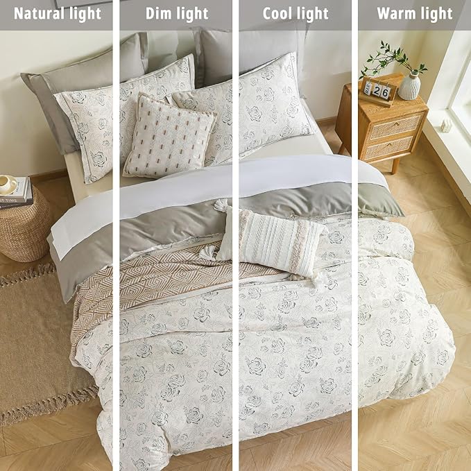 Vintage Botanical Cotton Comforter Queen Size 3PC - Elegant Floral Sketch on Ivory White with Tan Herringbone Reverse – Reversible Lightweight Comforter Set with Soft Fill(90"×90")