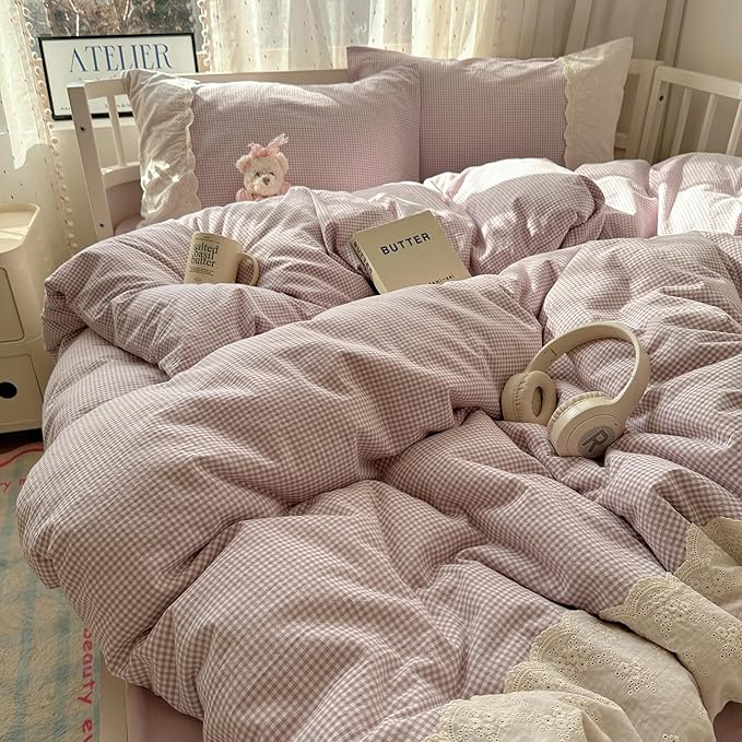 HighBuy Purple Plaid Comforter Set Twin XL Size Lace Ruffle Gingham Pattern Printed Comforter 3 Pieces Lightweight Boho Vintage Fluffy Soft Farmhouse Checkered Grid Bedding Set