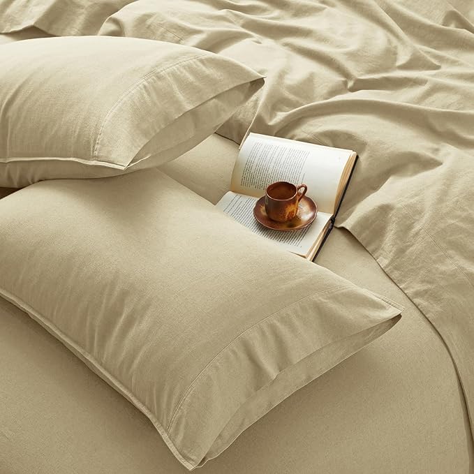4Pcs Organic Linen Sheets Queen Size, 100% French Linen from Normandy, Breathable Linen Yellow Queen Sheet Set with 16 Inch Deep Pocket, 1 Flat Sheet, 1 Fitted Sheet, 2 Pillowcases