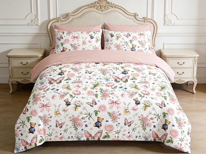5Pcs Pink Bow Comforter Set Full Size, Pink Floral Bed in a Bag for Girls, Priness Butterfly Bedding Set for Girly Bedroom Decor, 1 Comforter & 2 Pillowcases, 79"x90"