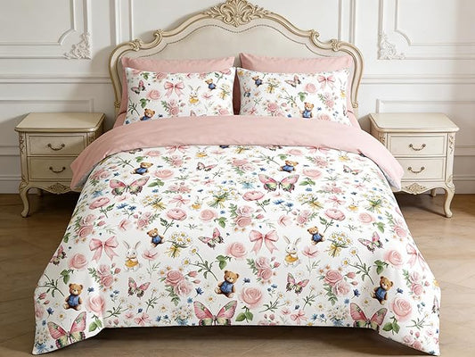 5Pcs Pink Bow Comforter Set Full Size, Pink Floral Bed in a Bag for Girls, Priness Butterfly Bedding Set for Girly Bedroom Decor, 1 Comforter & 2 Pillowcases, 79"x90"