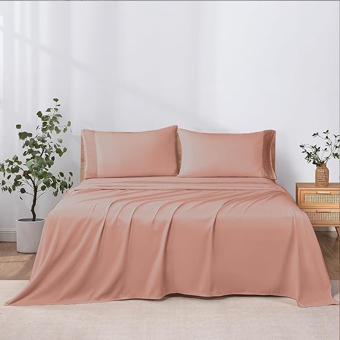Modern Threads 4 Piece Microfiber Sheet Set – Soft Cooling Bed Sheets with Crochet Lace – Deep Pocket, Wrinkle Free, Breathable, Hotel Luxury Bedding, Rose Pink, Queen
