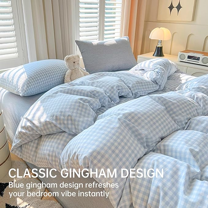 BOLINLIVING Gingham King Comforter Set 3 Pieces, Soft Breathable Bed in a Bag King Size, Light Blue White Checkered Plaid Bedding Set for All Season, 1 Comforter & 2 Pillowcases