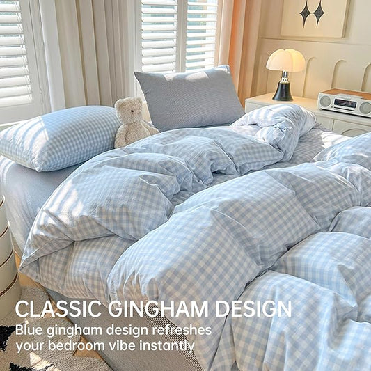 BOLINLIVING Gingham King Comforter Set 3 Pieces, Soft Breathable Bed in a Bag King Size, Light Blue White Checkered Plaid Bedding Set for All Season, 1 Comforter & 2 Pillowcases