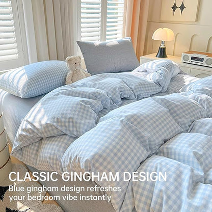 BOLINLIVING Gingham Full Comforter Set, Soft Breathable Bed in a Bag King Size 3 Pieces, Light Blue White Checkered Plaid Bedding Set for All Season, 1 Comforter & 2 Pillowcases