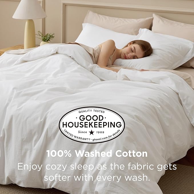 Bedsure 100% Washed Cotton Duvet Cover Oversized Queen - Natural White Minimalist Bedding Set Linen Like - PureWoven Plain Simple & Soft Duvet Cover 3-Piece (Natural White,Oversized Queen, 98"x98")