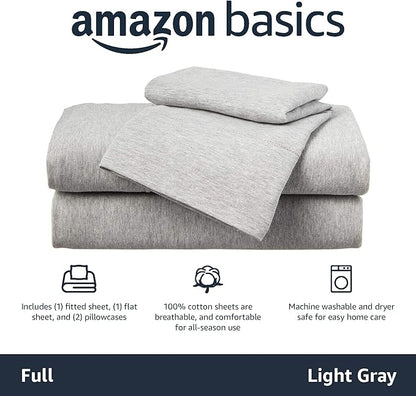Amazon Basics 4 Piece Breathable 100% Cotton Jersey Knit Bed Sheet Set, Includes Flat and Fitted Sheets, Pillowcase, Stretchy, Full, Light Gray, Solid