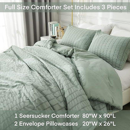 AveLom Sage Green Seersucker Full Comforter Set (80x90 inches), 3 Pieces - 100% Soft Washed Microfiber Lightweight Comforter with 2 Pillowcases, All Season Down Alternative Comforter Set for Bedding