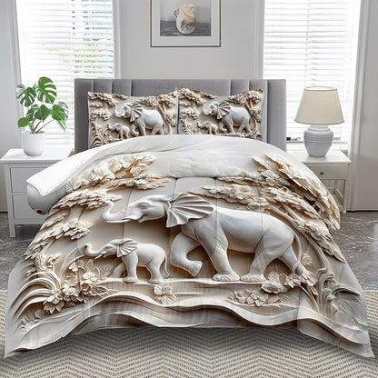 Elephant Comforter Set Queen Adult, White Animal Bedding Set Queen for Man, Cute Animal Comforter for Kids,Elephant Quilt Pattern White Bedroom Decor Womens, Relief Bedding