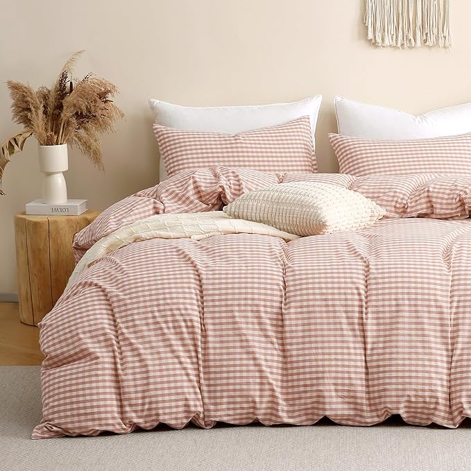 TOCOMOA Pink Tan Gingham Duvet Cover Bedding Set 100% Washed Cotton Like Linen Feel Super Soft Comfy 3 Piece Vintage Plaid Checkered Fall Comforter Cover Set (Queen 90"x90", Comforter Not Included)