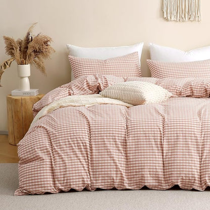 TOCOMOA Pink Tan Gingham Duvet Cover Bedding Set 100% Washed Cotton Like Linen Feel Super Soft Comfy 2 Piece Vintage Plaid Checkered Fall Comforter Cover Set (Twin 68"x90", Comforter Not Included)