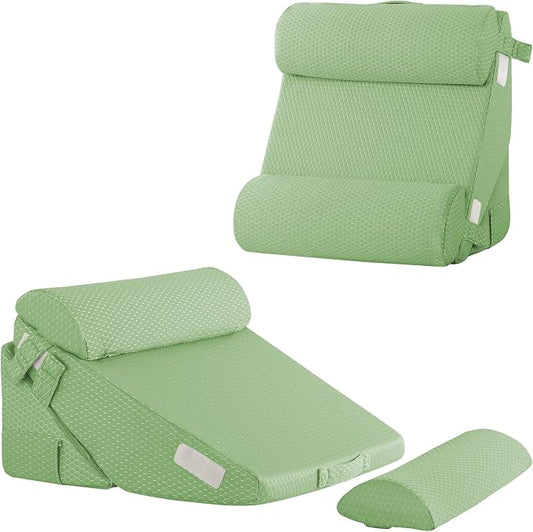 Adjustable 4pcs Bed Wedge Pillow Set, Memory Foam Wedges Pillow Post Surgery for Back, Neck, Leg Pain Relief, Pillows Wedge for Sleeping, Sitting up in Bed, Acid Reflux and GERD, Green