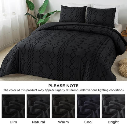 Andency Black Tufted Comforter Set Full(79x90Inch), 3 Pieces(1 Tufts Comforter, 2 Pillowcases) Boho Textured Farmhouse Bed Set, Microfiber Down Alternative Geometric Bedding