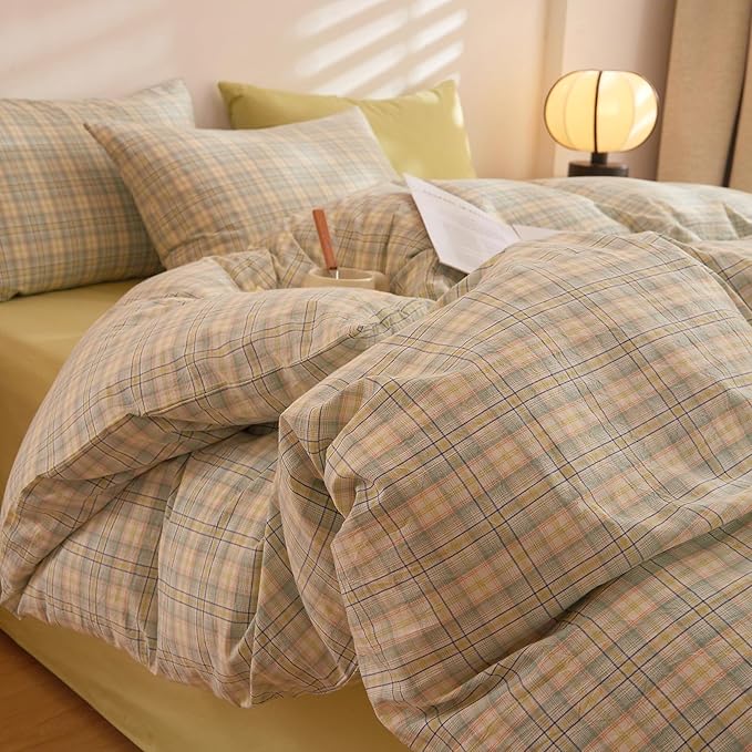 Plaid Comforter Sets Queen Cute Fluffy Bedding Set All Season Down Alternative Washed Cotton Rustic Bedding Comforter Sets Boho Puffy Super Soft Farmhouse Bed Comforter with 2 Pillowcases