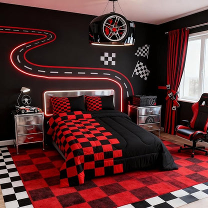Geometric Lattice Kids Bedding Set King Size,Video Games Check Lattice Comforter Set，Grid Fashion Simple Quilt Comforter,Black Red Bedroom Duvet Insert,2 Pillowcases