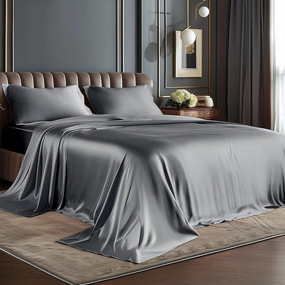 BEDELITE Satin Sheets Full XL Size Bed Set, Luxury Soft Dark Grey Silky Sheets for Hair and Skin, Similar to Silk Bed Sheets Set 4 Pieces with 1 Deep Pocket Fitted Sheet, 1 Flat Sheet, 2 Pillowcases