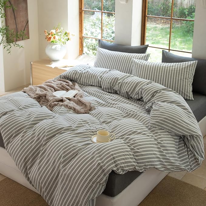 Striped Duvet Cover Set,100% Washed Cotton Line Like Breathable Trendy Bedding Set(Strip-White/Black,Full)