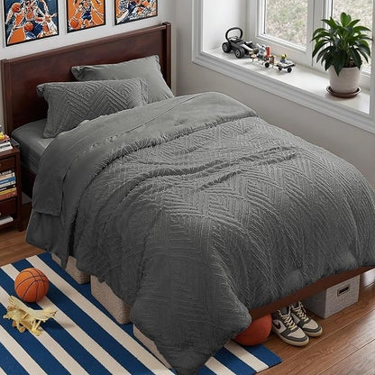Zzlpp Twin Comforter Set 5 Pieces, Dark Grey Tufted Bed in a Bag with Comforter and Sheets, All Season Boho Bedding Sets with 1 Comforter, 1 Pillow Sham, 1 Pillowcase, 1 Flat Sheet, 1 Fitted Sheet