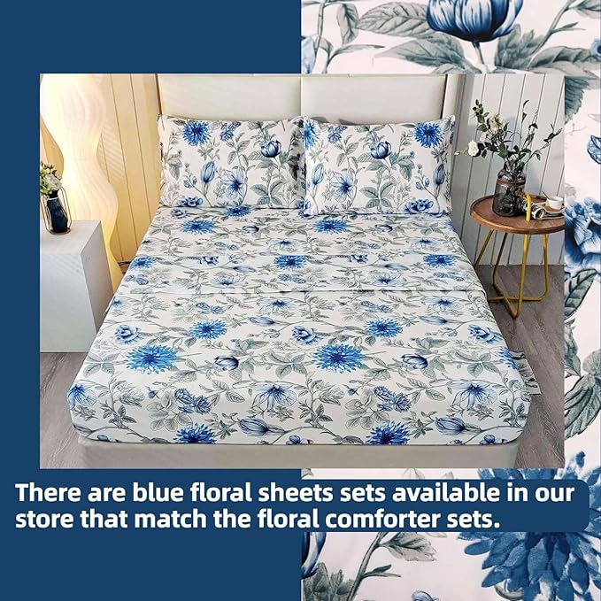 SDIII Blue Floral Comforter Set Twin 3 Pieces, Soft Microfiber Twin Comforter Floral, Vintage Blue Cornflower Bedding Set All Season