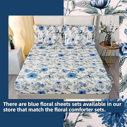 SDIII Blue Floral Comforter Set Twin 3 Pieces, Soft Microfiber Twin Comforter Floral, Vintage Blue Cornflower Bedding Set All Season