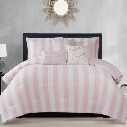 Juicy Couture Cabana Stripe Reversible Bedding Set - Queen/Full Size - Dogwood Pink/White Stripe Print – 6 Piece Set – Includes 1 90" x 90" Comforter, 3 Decorative Pillows, 2 Shams