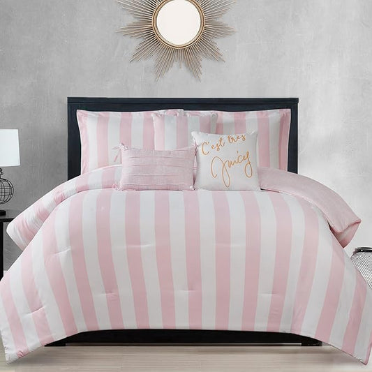 Juicy Couture Cabana Stripe Reversible Bedding Set - Twin/Twin XL Size - Dogwood Pink/White Stripe Print - 5 Piece Set - Includes 1 66" x 90" Comforter, 3 Decorative Pillows, 1 Sham