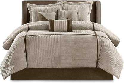 Madison Park Cozy Comforter Set Casual Blocks Design All Season, Matching Bed Skirt, Decorative Pillows, Cal King(104"x92"), Dallas Corduroy, Taupe Brown, 7 Piece
